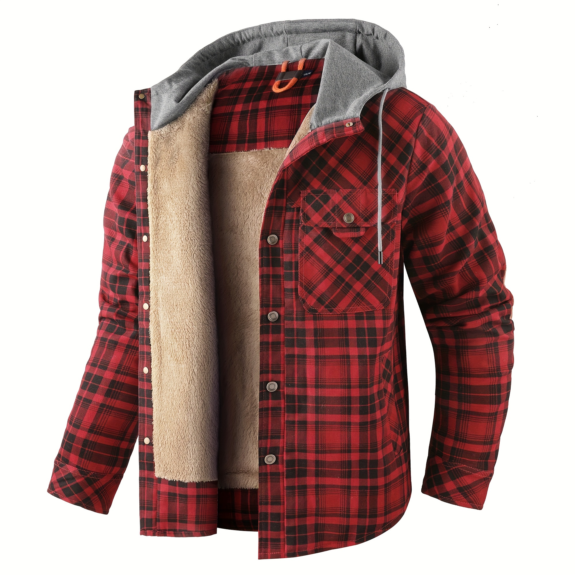 mens warm fleece hooded plaid retro coat for details 0