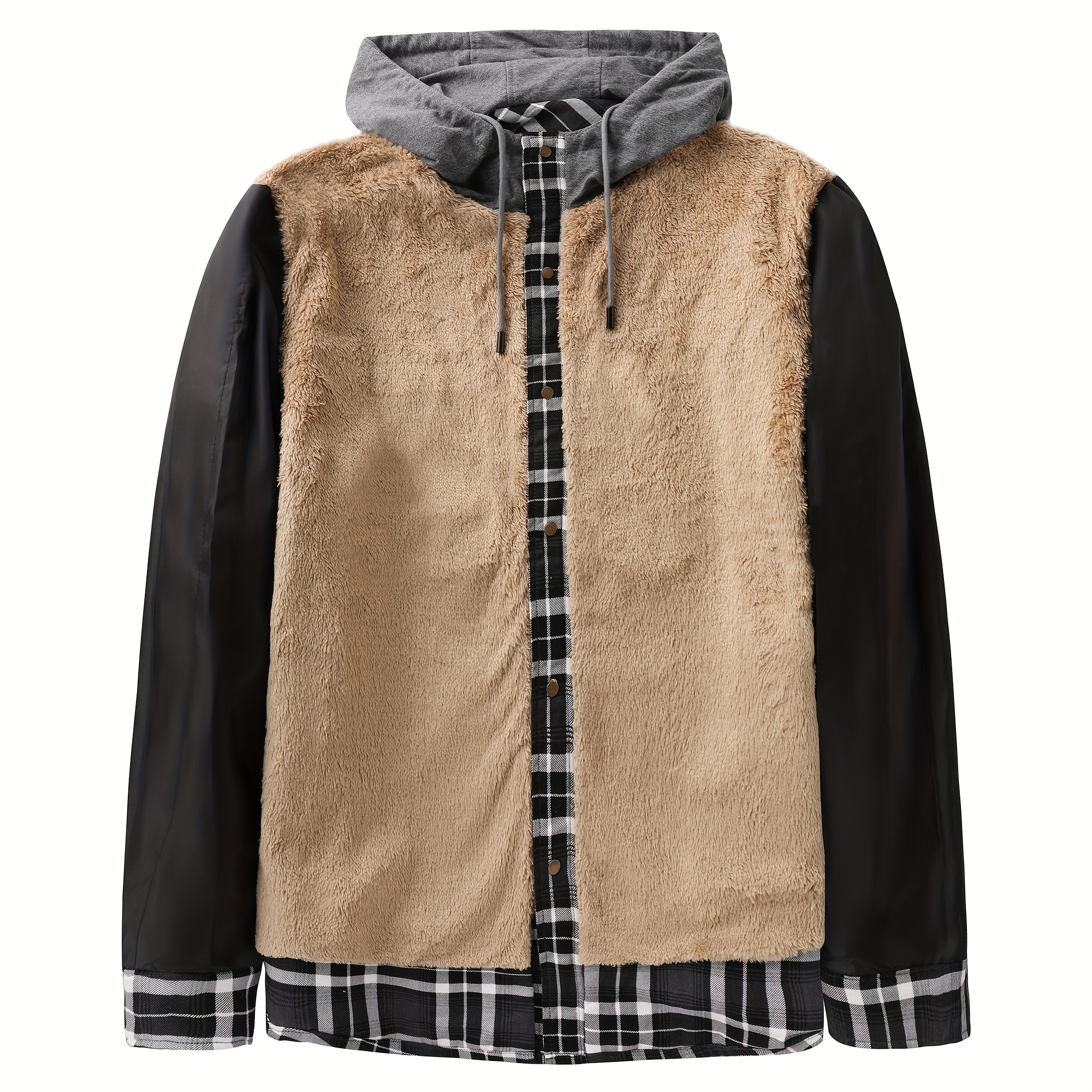 mens warm fleece hooded plaid retro coat for details 1