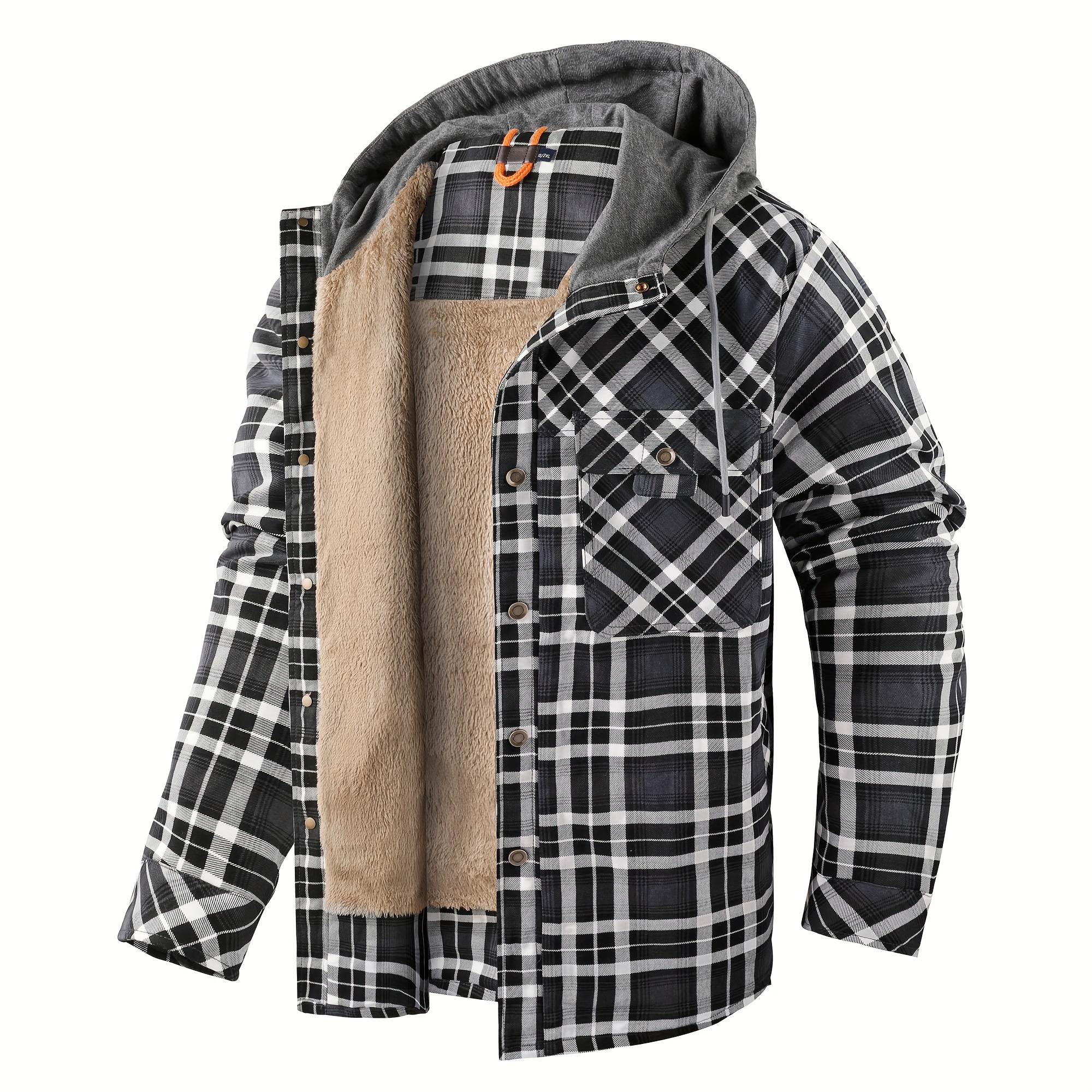 mens warm fleece hooded plaid retro coat for details 2