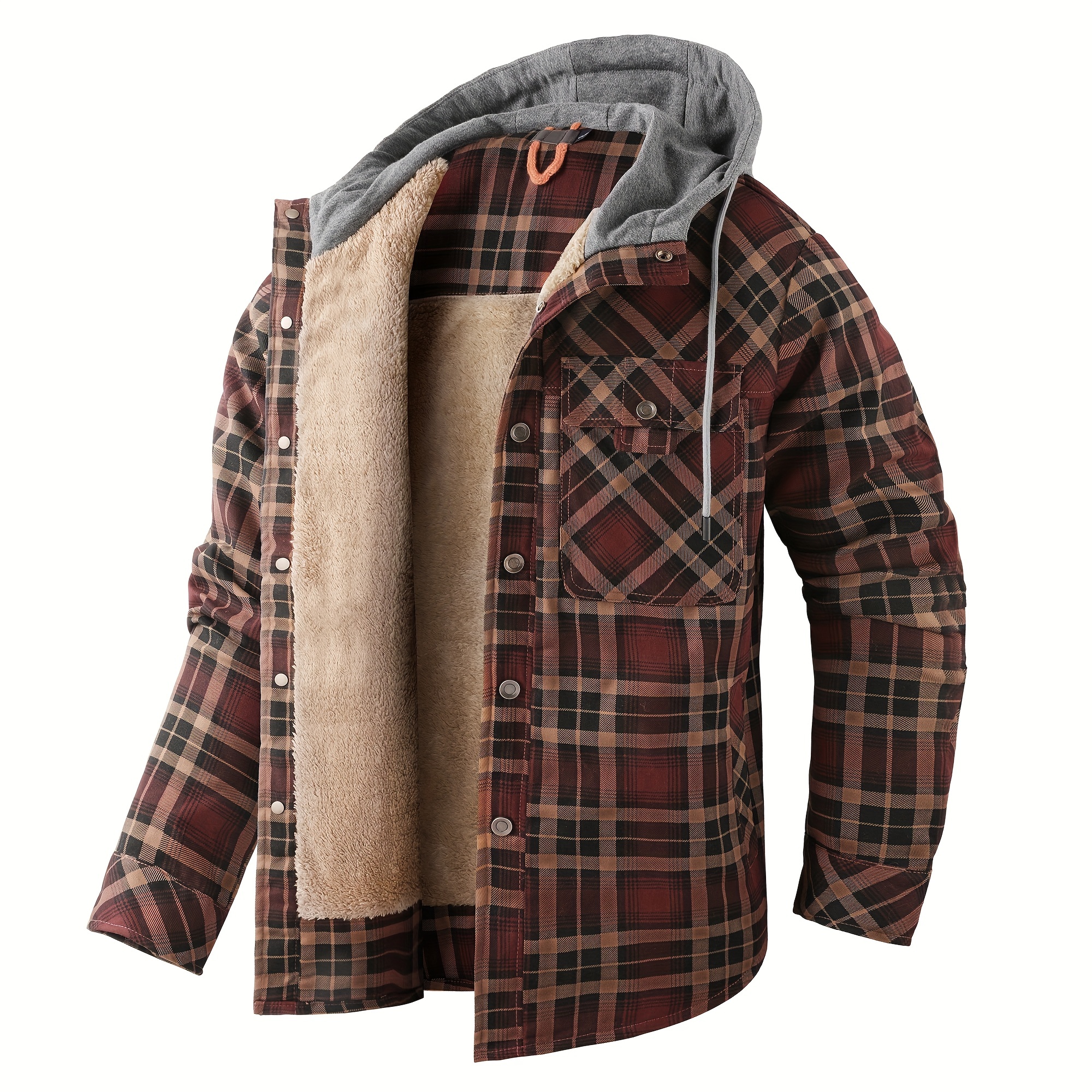 mens warm fleece hooded plaid retro coat for details 3