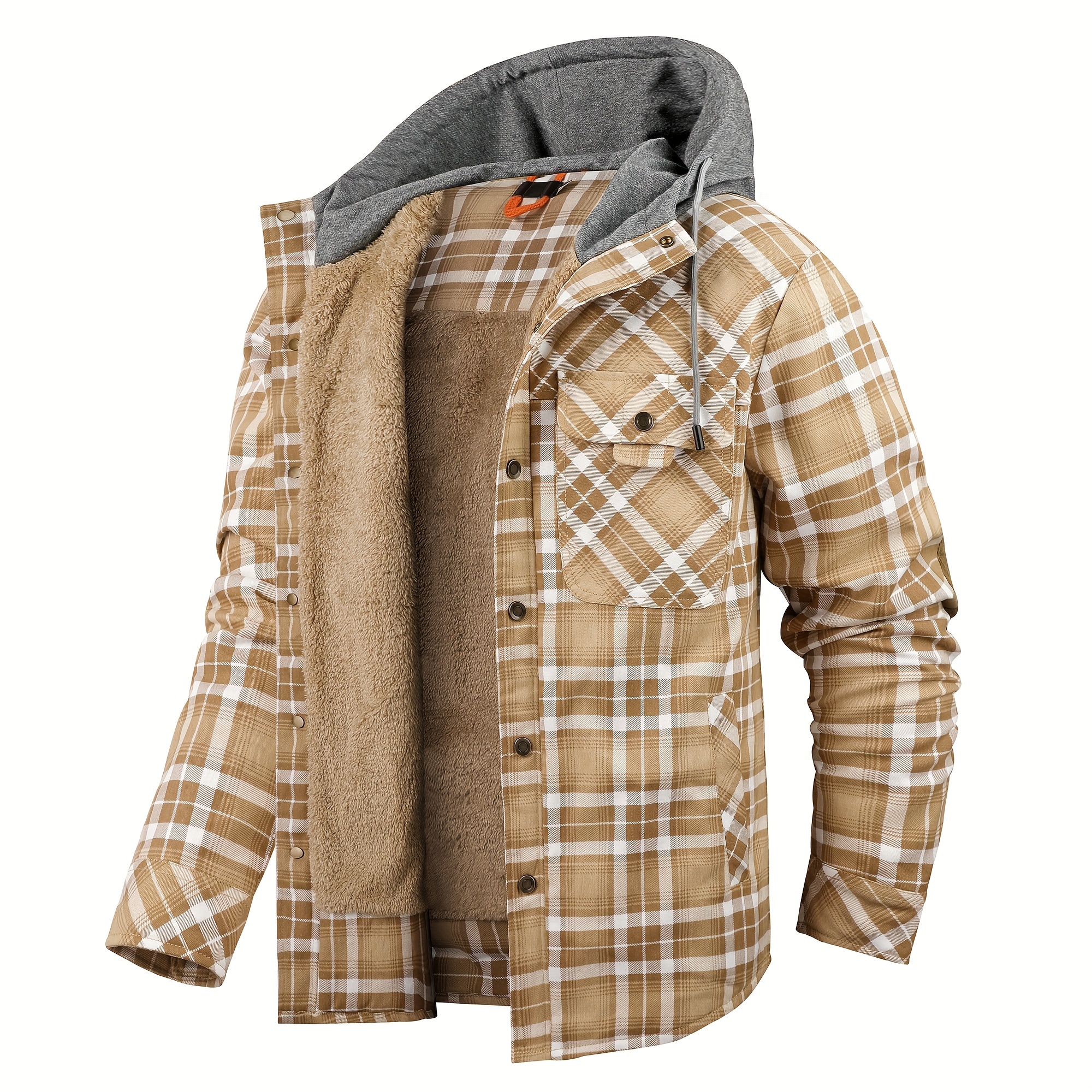 mens warm fleece hooded plaid retro coat for details 4