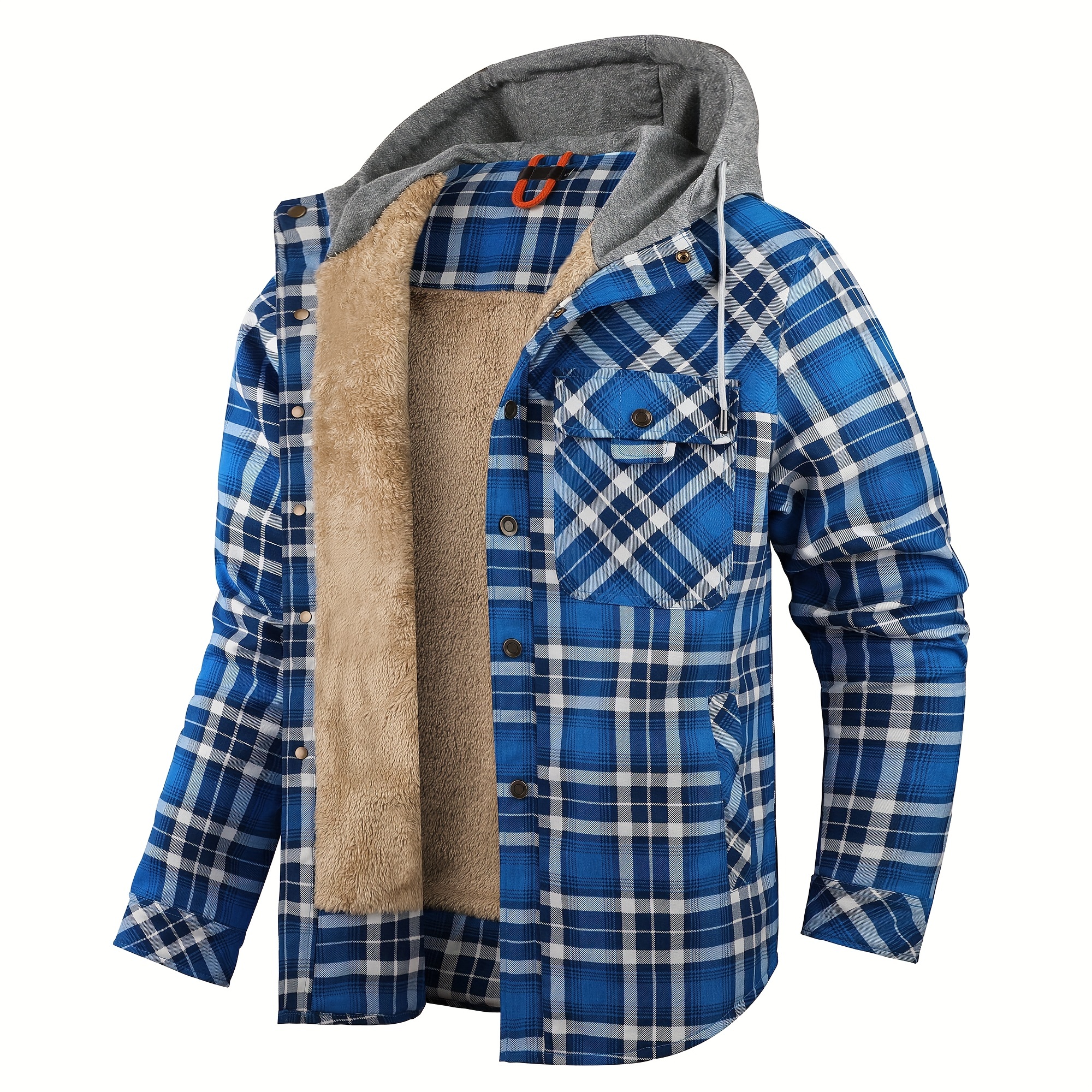 mens warm fleece hooded plaid retro coat for details 5