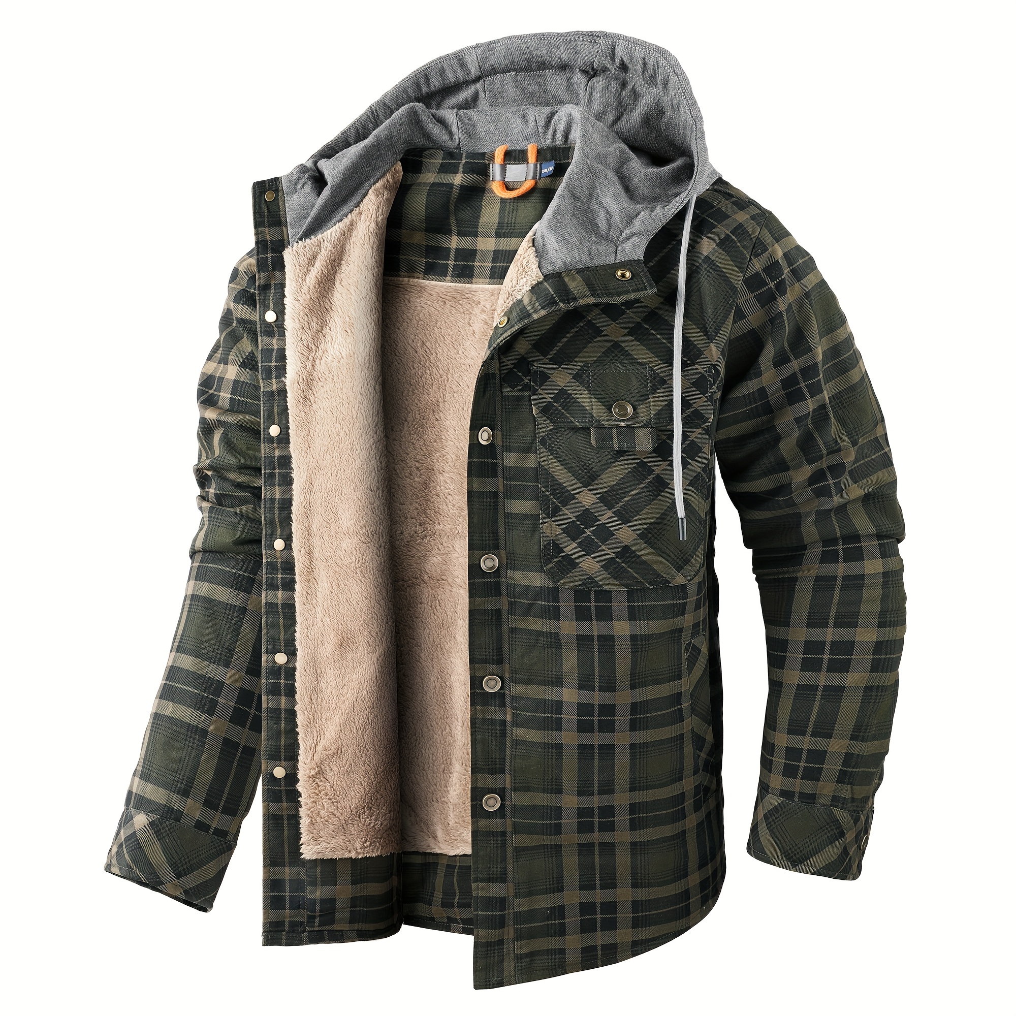 mens warm fleece hooded plaid retro coat for details 6