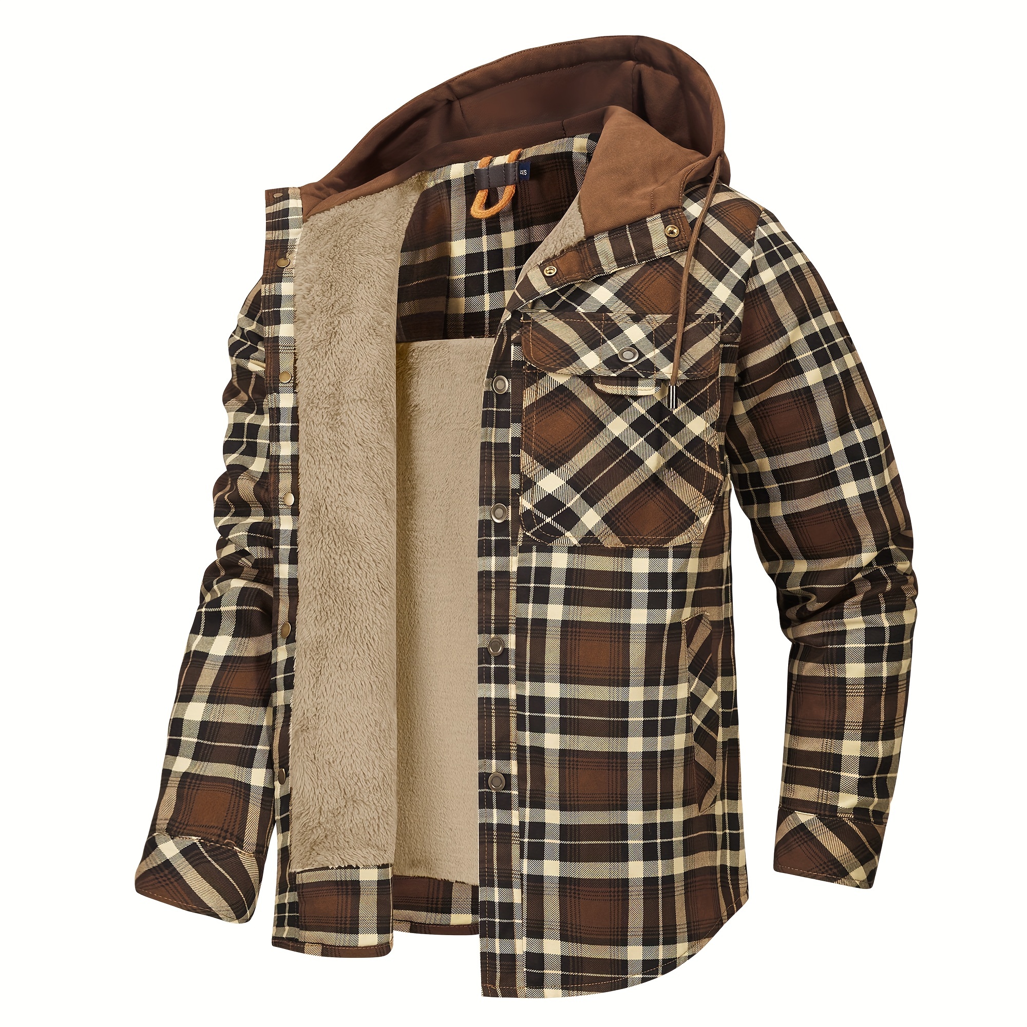 mens warm fleece hooded plaid retro coat for details 8
