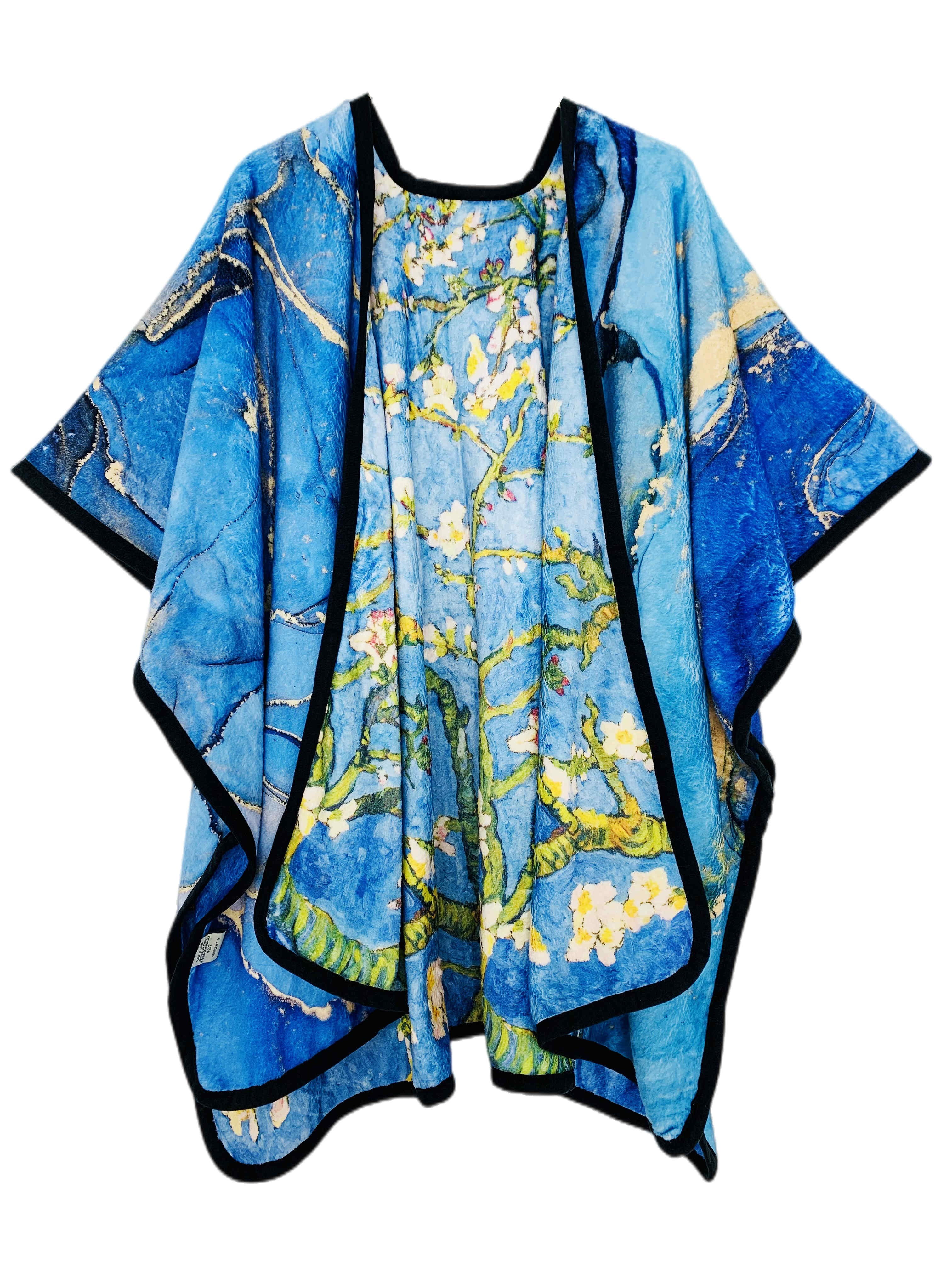 blue multi van gogh cherry marble cozy reversible fleece double sided wearable throw sided with two prints open front poncho reversible luxury super soft fur cape shawl blanket throw details 1