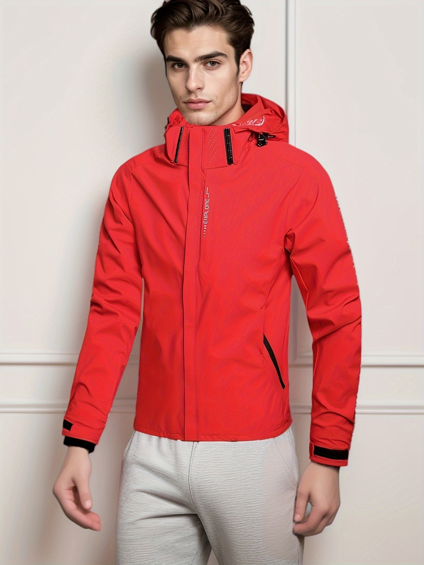 chic solid windbreaker hooded jacket mens casual zip up jacket coat for outdoor activities details 7