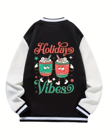 [1pc Holiday Baseball Jacket] Holiday Vibes Polyester Baseball Jacket, Preppy Style, Tropical Print, Slight Stretch Knit Fabric, Long Sleeve, Loose Fit, with Snap Closure, Single Breasted Placket, Unlined, for Casual, Hiking & Outdoor Wear